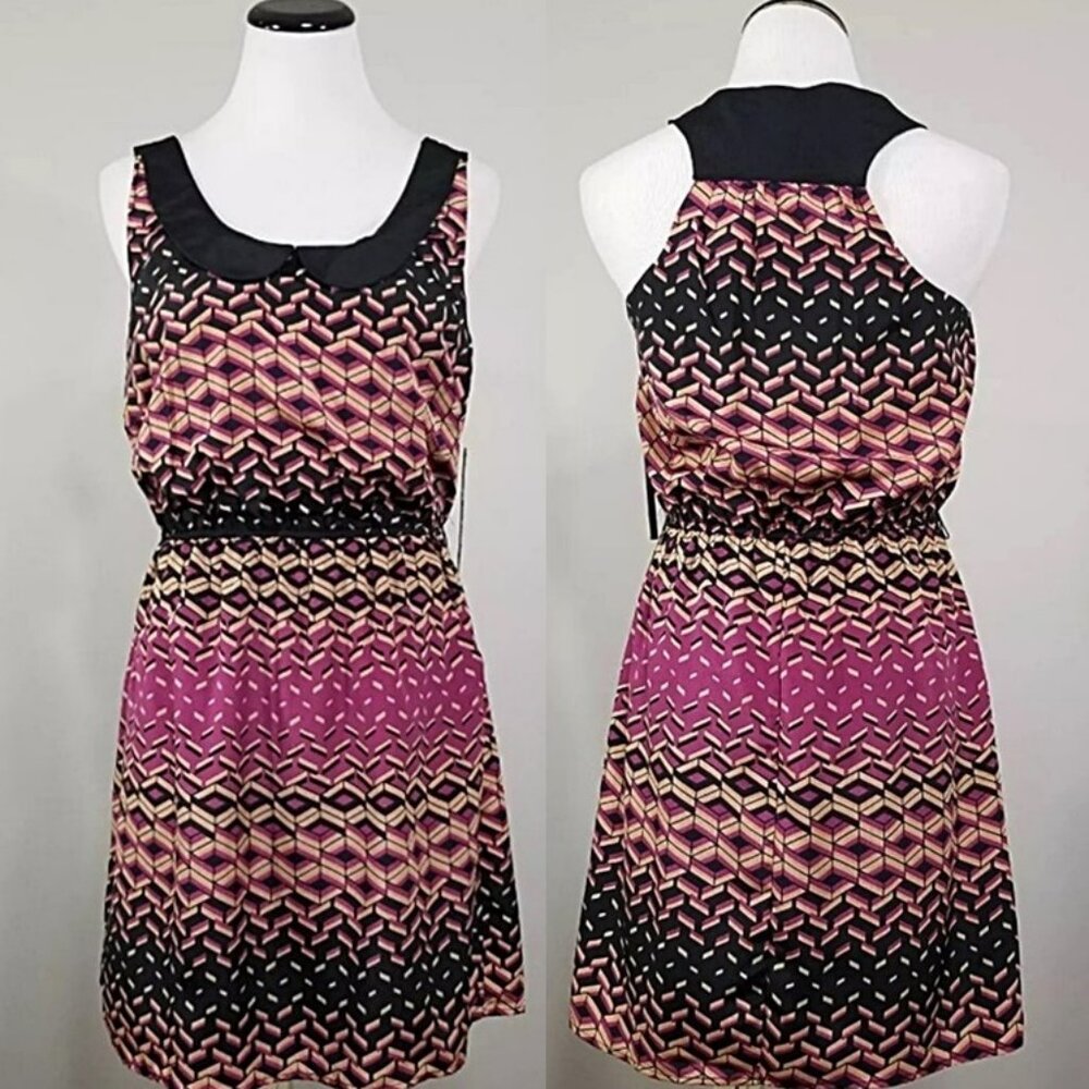 As U Wish 3D Geo Print Fit Flare Dress L Black Purple Peter Pan Collar Pockets